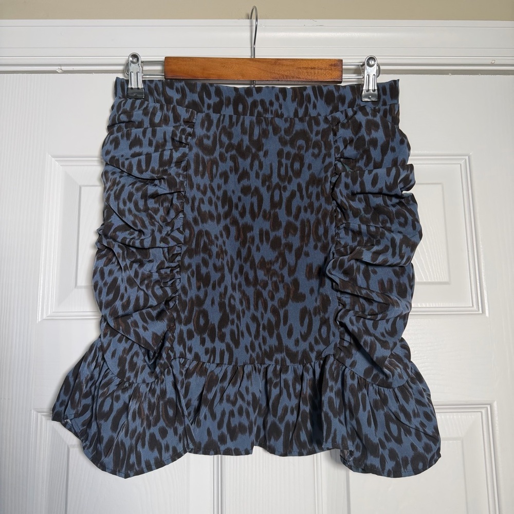 Blue & Black Leopard Print Ruffle Ruched Mini Summer Skirt W/ Zipper